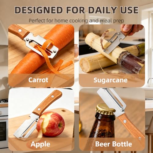 Vegetable Peeler with Wooden Handle and Built-In Bottle Opener