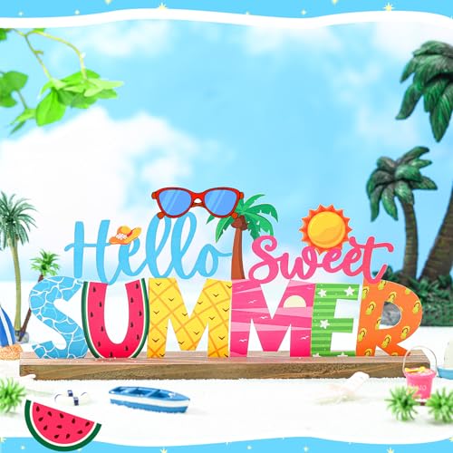 Hello Sweet Summer Metal Table Sign, Coastal Farmhouse Shelf Decor