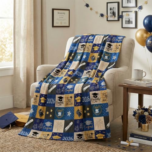 Graduation Flannel Blanket Throw - Blue 50x60, Cozy Fleece Gift