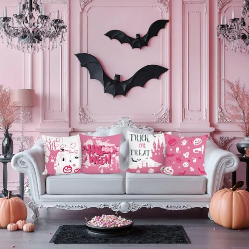 Pink Halloween Pillow Covers Set of 4 - 18x18 Inches Velvet