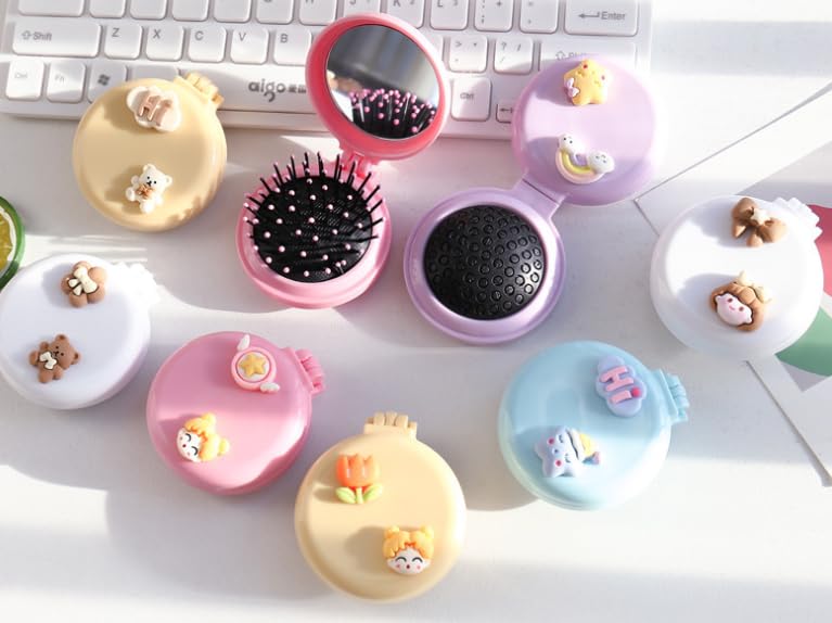 Pink Travel Hair Brush with Mirror - Compact Folding Pocket Hair Brush