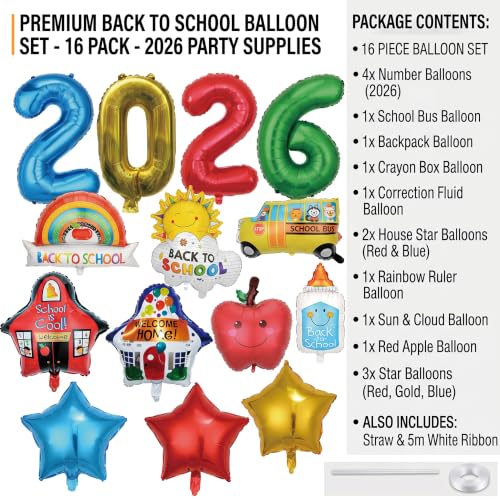 16-Piece 2026 Back to School Foil Balloon Set for Classroom Decorations