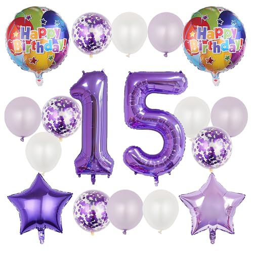 15th Birthday Decorations - 18 Pcs Purple Number Balloons Set