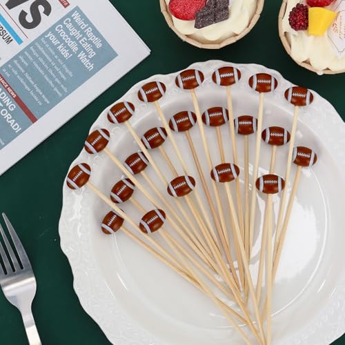 50 Pcs Football 3D Bamboo Cocktail Picks - 4.72 Inch Decorative Skewers