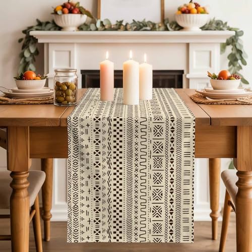 13x120 Inch Burlap Linen Table Runner with Geometric Ethnic Design - Farmhouse Decor for Dining & Parties