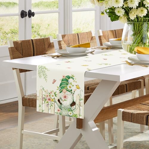 Spring Gnome Table Runner 13x72 Inch - Floral Kitchen Decor