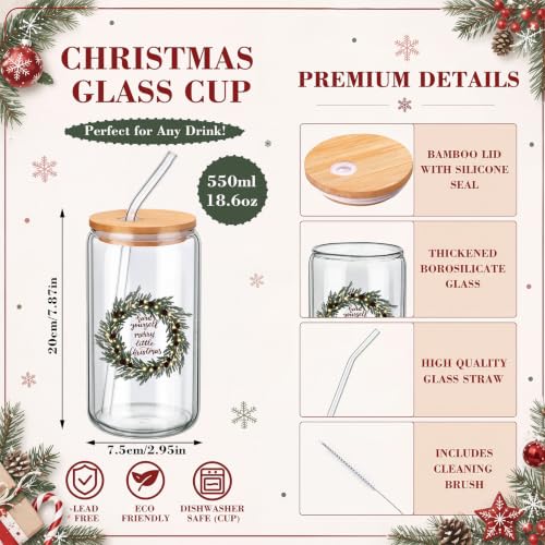 Christmas Glass Tumblers with Lids & Straws - Buffalo Plaid Truck Variation, 16 oz