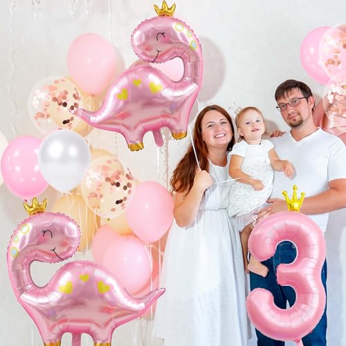 Pink Dinosaur Balloons Kit with 40-Inch Number 3 for Birthday