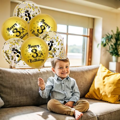 Gold 3rd Birthday Balloons - 18 Pcs with Confetti & Ribbon