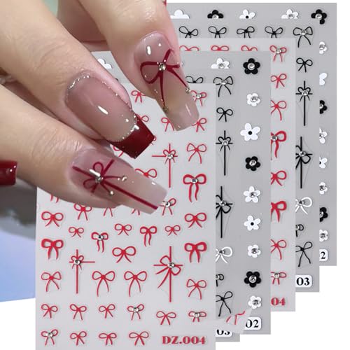 3D Rhinestone Bow Nail Stickers Red Black Flower Art Decals 6 Sheets
