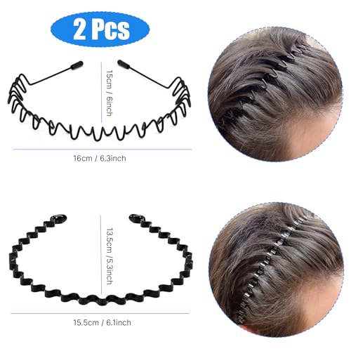 Metal Hair Bands for Men 2 Pack, Non-Slip Wave Headbands Black
