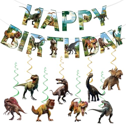 Dinosaur Birthday Decorations Set - Happy Birthday Banner & 8 Swirls