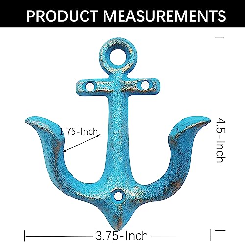 KiaoTime Blue Nautical Anchor Wall Hook - Rustic Cast Iron Coat Rack