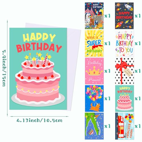 Hooqict Kids Birthday Cards, Assorted 10-Pack with Envelopes - Variety 2