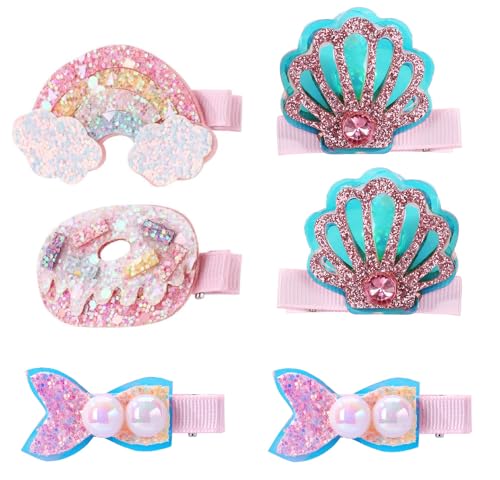 SICOPEE Glitter Hair Clips for Girls - 3 Pairs Sparkle Seashell and Cloud Hair Pins