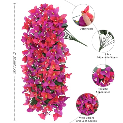 Artificial Bougainvillea Hanging Plants - 2 Pack Outdoor Faux Flowers, Fuchsia & Purple Hotpink