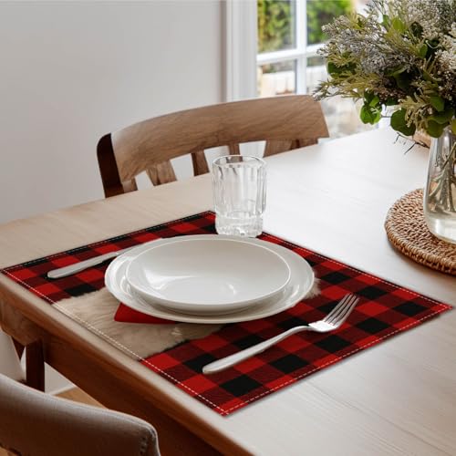 HOMETITUTE Valentine Placemats Set of 4 - Red Plaid Puppy Design