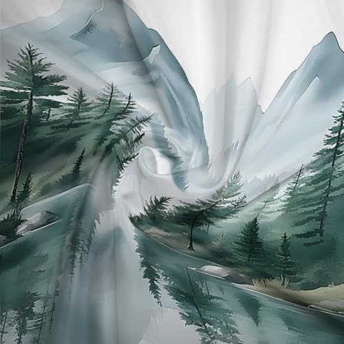 Green Misty Forest Mountain Shower Curtain - Watercolor Nature Design