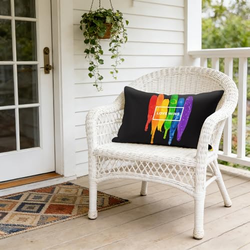 Love Wins Rainbow Throw Pillow Cover, 12x20 Inch Burlap Pride Cushion Case