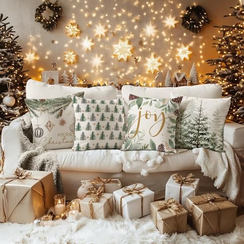 Artmag Merry Christmas Tree Pillow Covers, 18x18 Inch Set of 4