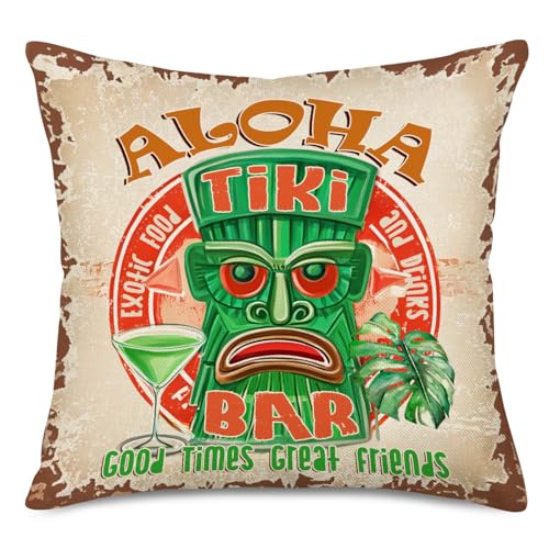 Aloha Pillow Cover 18x18 Inches, Vintage Polynesian Tiki Style Cotton Linen