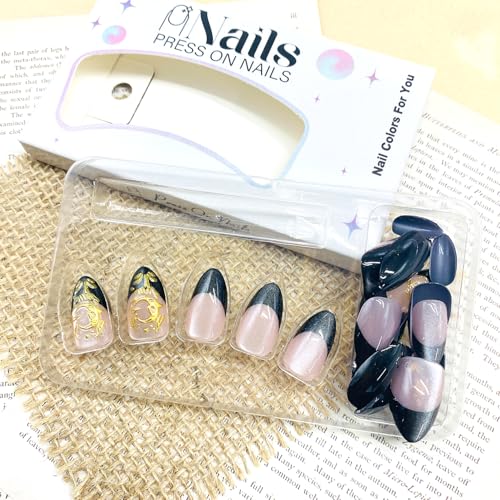 Black French Tip Press on Nails Short Almond False Nails with Gold Glitter