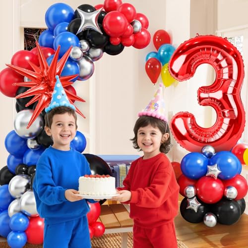 3rd Birthday Decorations Set for Boys - Blue, Black & Red Balloon Kit