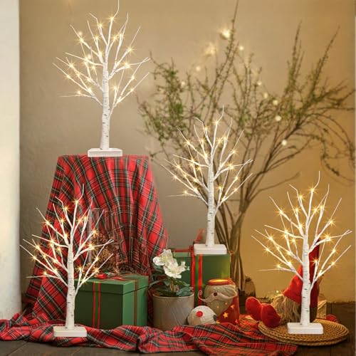 PEIDUO 22 Inch Indoor Birch Tree with LED Lights, Timer, Battery Powered, 4 Pack
