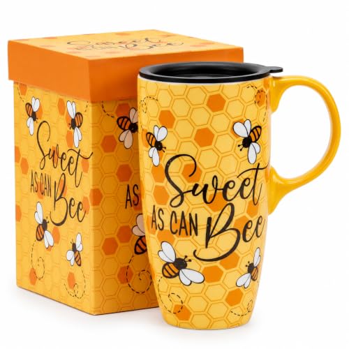 17oz Ceramic Travel Mug with Lid & Gift Box - Honey Bee Coffee Cup