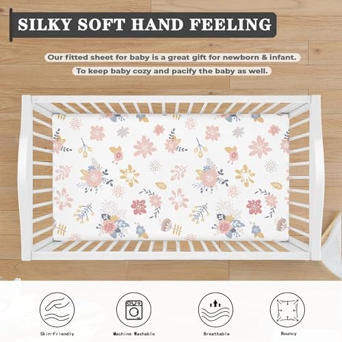 Floral Baby Crib Sheet - Soft Pink Flowers, Fitted for Standard Mattresses 52x28x8 in
