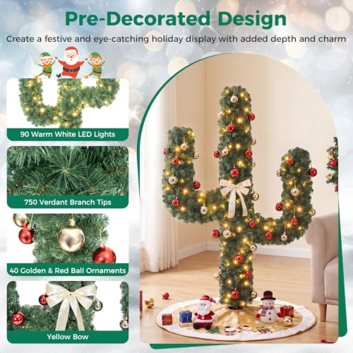 5ft Pre-Lit Artificial Cactus Christmas Tree with 90 Lights - Indoor Outdoor Holiday Decor