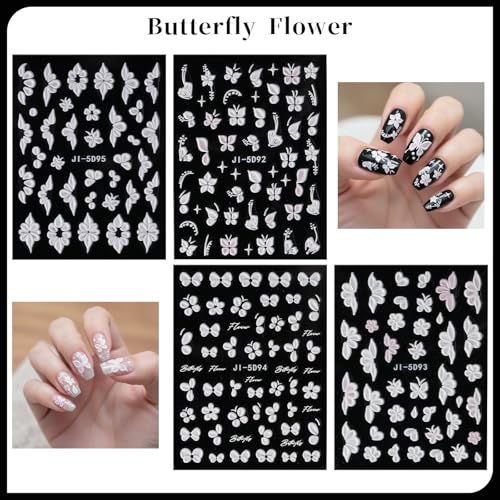 5D Embossed Flower Nail Art Stickers - White Floral Butterfly Decals