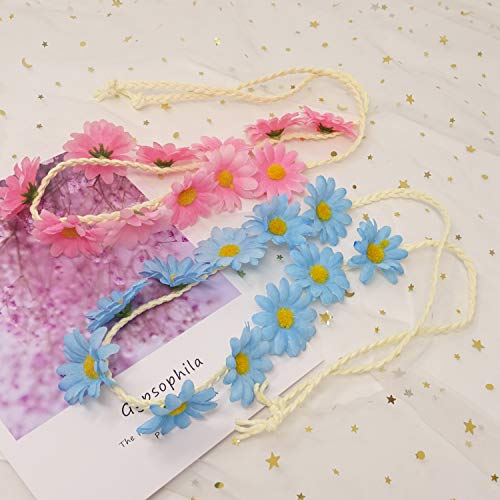 Honbay 2PCS Floral Daisy Flower Crown Hair Wreath Headband Pink and Blue
