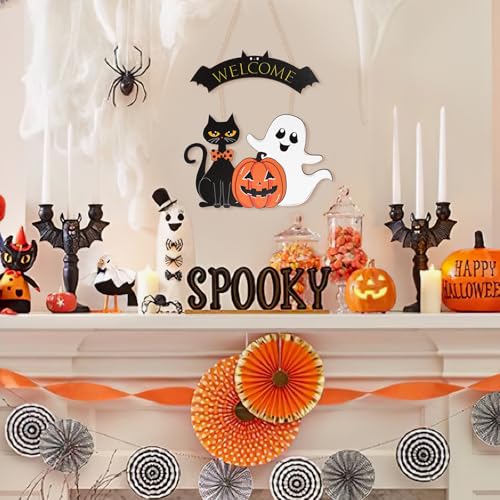 Large Wooden Halloween Wreath with Cat and Pumpkin for Front Door