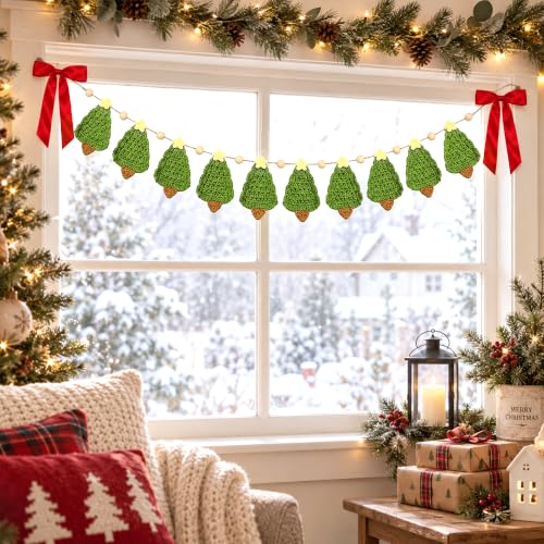 6.7ft Crochet Christmas Tree Garland with Wooden Beads and Red Bows - Rustic Holiday Decor