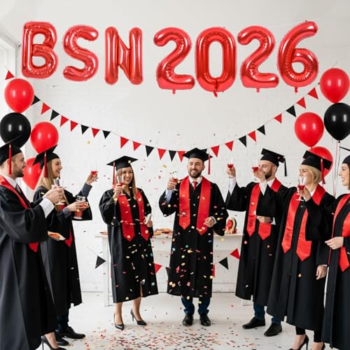BSN 2026 Nurse Graduation Decorations - Red Foil Balloons & Banner