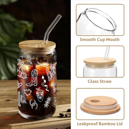 Cowgirl Glass Cup with Bamboo Lid and Straw - 16oz Western Iced Coffee Tumbler