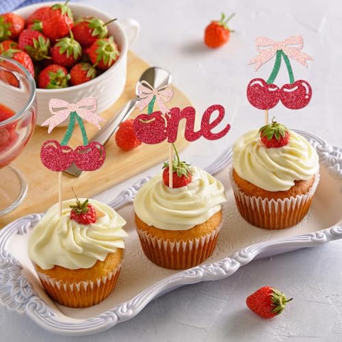 24 Cherry Cupcake Toppers with Bows - Glittery Birthday Party Decor