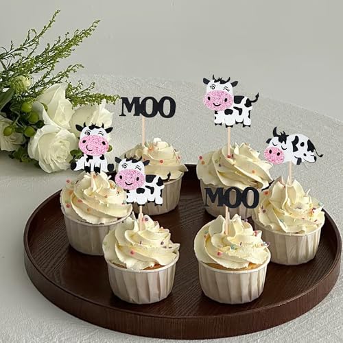 12PCS Cute Cow Cupcake Toppers Glitter Farm Animal Cake Decorations