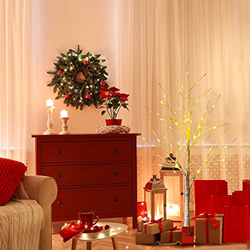 4ft Pre-Lit Christmas Tree with 48 Warm White LED Lights - Artificial White Twig Birch Tree