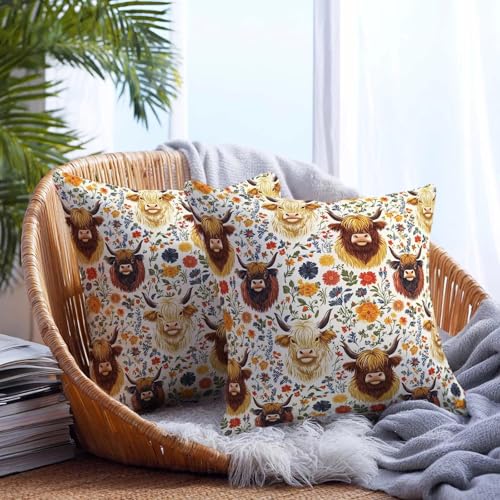 Highland Cow Throw Pillow Covers 18x18 Set of 2 - Floral Farmhouse Decor