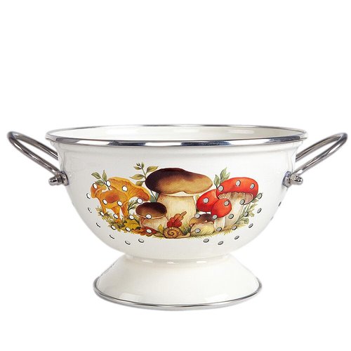Enamel Aluminum Casserole & Colander Pasta Set with Complimentary Cotton Kitchen Towel & Spatula 1 pot, 1 glass lid, 1 colander (Mushrooms)