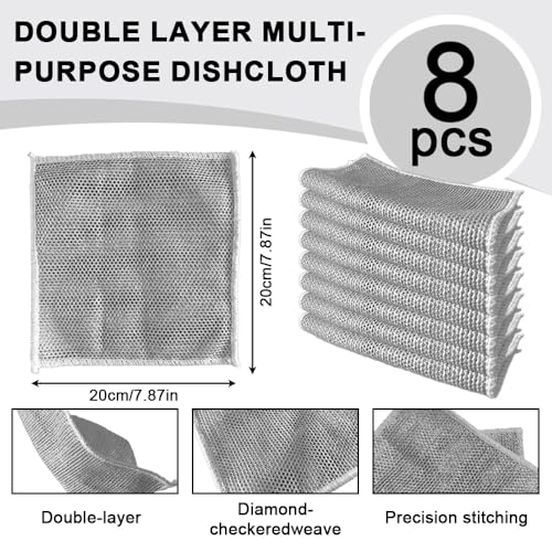 8 Pcs Double Layer Dishwashing Rags - Non-Scratch Cleaning Cloths