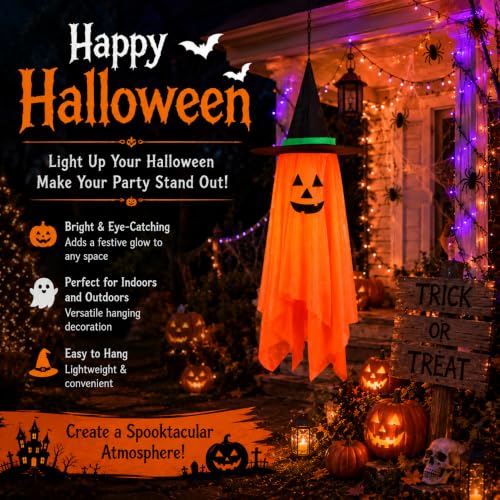 Baboea 39.4-Inch Hanging Ghost Decoration with Witch Hat for Halloween