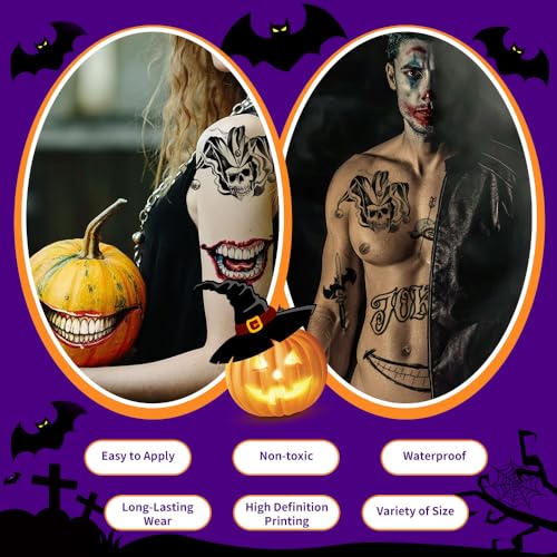 Joker Temporary Tattoos - 4 Sheets Realistic Waterproof Fake Face Tattoos for Halloween Costume Party