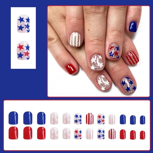 4th of July Short Square Press on Nails Red White Blue Star Fake Nails