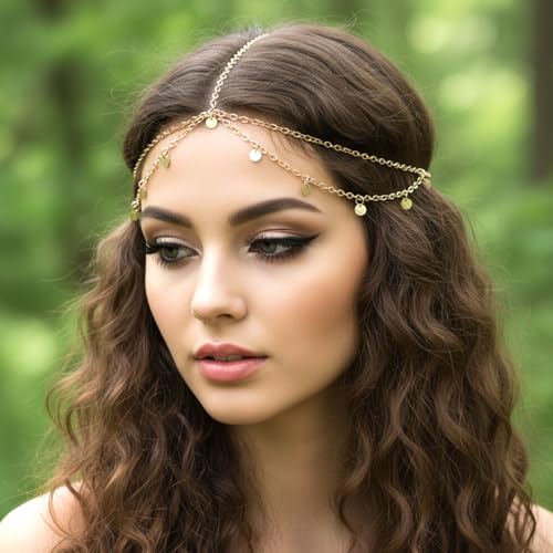 Bremorou Gold Sequin Boho Head Chain Hair Jewelry for Women Festival