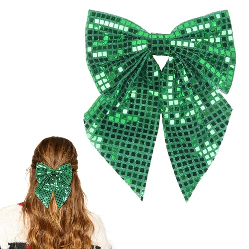 XIELIME Large 14-Inch Sequin Cheer Bow - Green Glitter Hair Clip with Alligator Clip for Cheerleaders and Sports