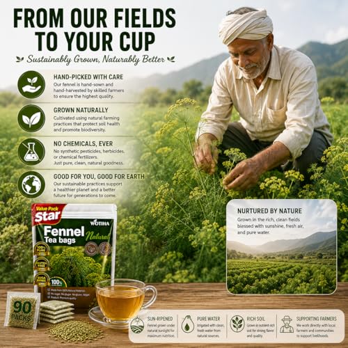 WOTIHA Organic Fennel Tea Bags 90 Count - Natural Herbal Digestive Support, Caffeine-Free & Vegan