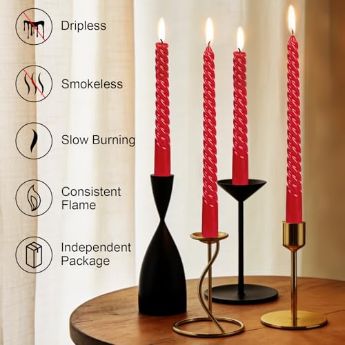 10 Inch Red Spiral Taper Candles - 4 Pack, Dripless & Unscented